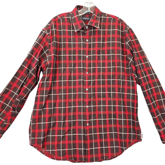 Nautica Red Plaid Classic Long Sleeves Button Up Top Men's L Casual Lightweight - Picture 1 of 9